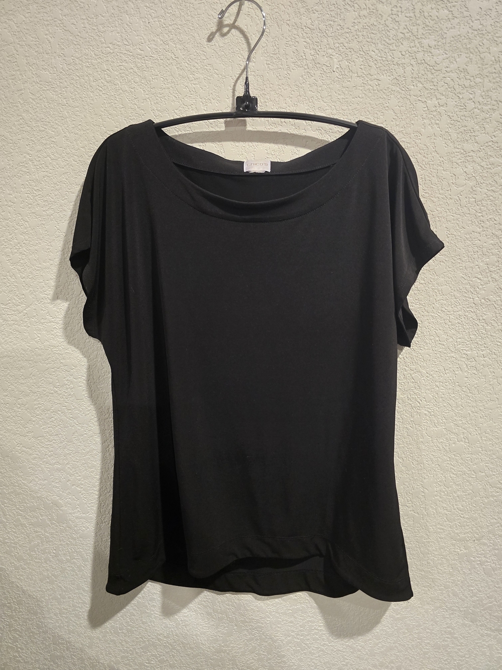 Chico's Size 2 (US Large 12) Black Boat Neck Short Sleeve Stretch Top